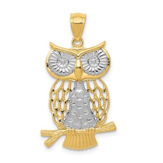 Diamond2Deal 14k Yellow Gold Rhodium Diamond-cut Polished Moveable Owl Pendant
