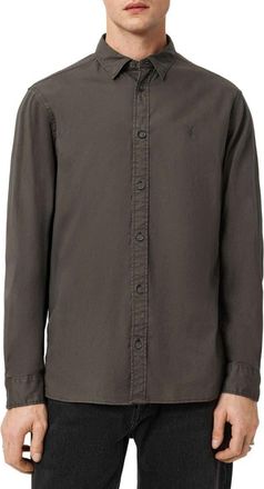 AllSaints Hawthorne Solid Stretch Cotton Button-Up Shirt in Deep Sage Green at Nordstrom, Size Xx-Large