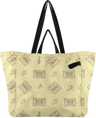 Generic Music Yellow print Reusable Canvas Tote Bag, Heavy Duty Grocery Shopping Bag with Hard Bottom Large Capacity Double Handles Work Groceries Travel