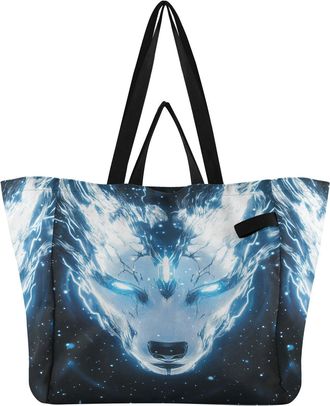 Generic Wolf Head Blue pattern Reusable Canvas Tote Bag, Heavy Duty Grocery Shopping Bag with Large Capacity Double Handles Hard Bottom Work Groceries Travel