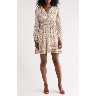 Max Studio V-Neck Long Sleeve Minidress in Cream/Berry Floral at Nordstrom Rack, Size X-Small