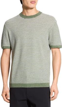 Theory Stripe Short Sleeve Linen & Cotton Blend Crewneck Sweater in Orchard/white - 2Hc at Nordstrom Rack, Size Large