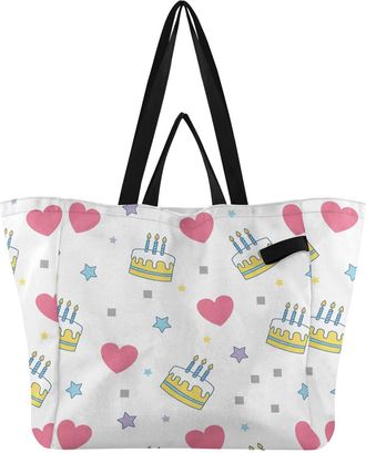 Generic Birthday Cake Heart White pattern Reusable Canvas Tote Bag, Heavy Duty Grocery Shopping Bag with Large Capacity Double Handles Hard Bottom Work Grocer