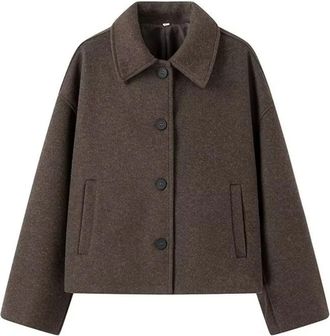 Generic Womens Solid Color Short Single Breasted Tweed Jacket Casual Slim Lapel Vertical Pocket Jacket Beige S