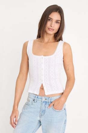 Good American Womens The Pointelle Button Down Tank Top | White, Size Medium | Good American by Khlo&Egrave; Kardashian