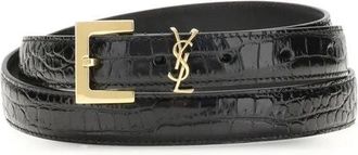 Saint Laurent Krokodil-effect Cassandre Riem - Dames - Riemen - Zwart - 80 CM - Leer - Accessoires