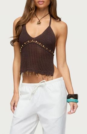 Edikted Jenn Beaded Open Stitch Halter Top in Brown at Nordstrom, Size X-Small