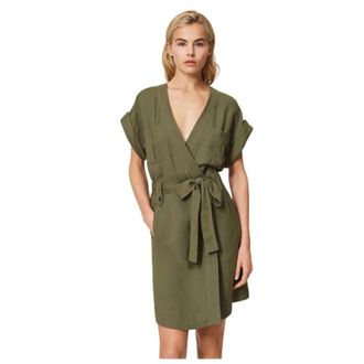 Twinset Wikkeljurk met Korte Kimono Mouwen - Dames - Korte kleedjes - Groen - M - Linnen - Kleedjes