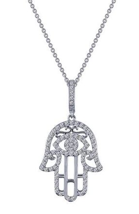 Lafonn Platinum Bonded Sterling Silver Pav&eacute; Simulated Diamond Hamsa Pendant Necklace in White at Nordstrom Rack, Size 18