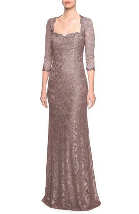 La Femme Long Lace Gown with Sweetheart Neckline in Cocoa at Nordstrom, Size 16