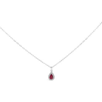 House of Brilliance 14K White Gold 6x4 Pear Red Ruby and Diamond Halo Pendant Necklace at Nordstrom