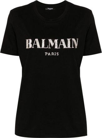 Balmain crystal-logo cotton T-shirt - women - glass/Cotton/Brass/Polyester/Metallized Polyester - M - Black