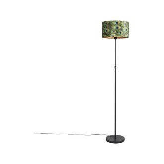 QAZQA Qazqa - Black Floor Lamp with Velvet Lampshade Peacock with Gold 35 cm - Parte
