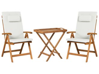 Beliani Set Da Giardino Con Tavolo In Legno Di Acacia, 2 Sedie Pieghevoli E Cuscini Bianco Sporco Java Premium