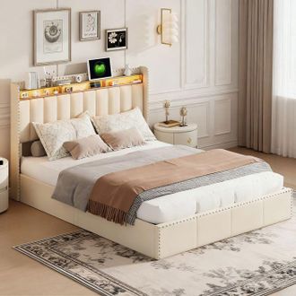 OEM Cama Lit 140x190 - Pocketpop - Terciopelo Blanco Roto - Cabecero Con Led Y Usb - Estructura De Cama Con Somier De Lamas - 2 Plazas