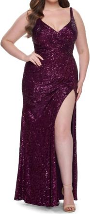 La Femme Surplice Sequin Gown In Dark Berry