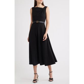 Anne Klein Pleated Asymmetric Belted Dress in Anne Black at Nordstrom, Size 12