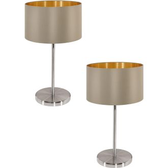 Loops 2 PACK Table Lamp Colour Satin Nickel Steel Shade Taupe Gold Fabric E27 1x60W in Metallics