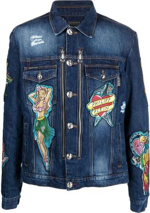 Philipp Plein graphic-print denim jacket - men - Polyester/Cotton - M - Blue