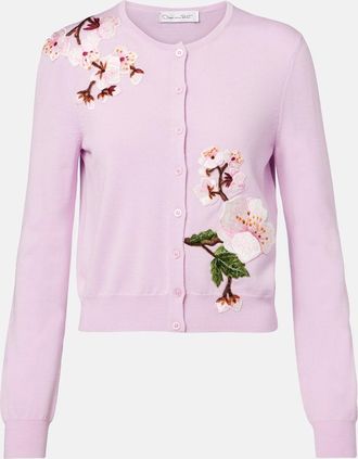 Oscar De La Renta Cardigan in lana vergine con applicazioni floreali