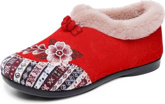 Generic Slippers for Elderly Women,Ladies Wide Fit Slippers,Womens Ethnic Embroidered Plush Slipper,Button Design,Boho Floral Button Design Winter Warm Fleece