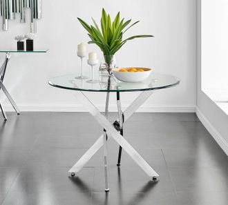 Furniturebox Novara 100cm Round 4-Seater Glass & Metal Starburst Dining Table in Silver