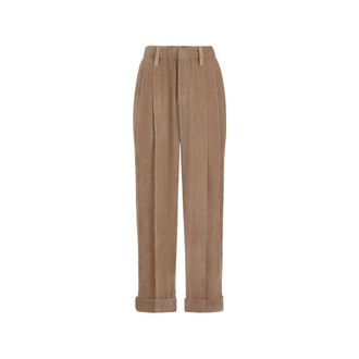 Brunello Cucinelli Broeken, Dames, Bruin, L, Katoen, Katoenen Corduroy Wijde Broek
