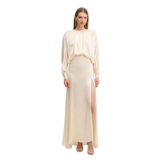 Twinset Lange satijnen jurk met geplooid lijfje - Dames - Jurken - Beige - Maat: S Satijn