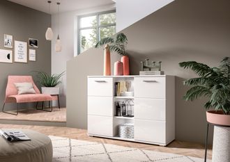 Inosign Sideboard »Valge, Breite 110 cm, 2 Türen, 4 verstellbare Böden, 3 offene Fächer« Front-Rillenfräsung, Schuhkommode, Anrichte, Schrank, Kommode