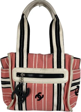 Chanel Black Pink White Canvas Leather Shoulder Bag Tote Bag (Pre-Owned)