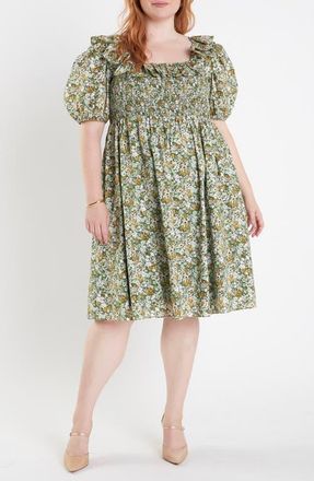 English Factory Smocked Puff Sleeve Floral Cotton Dress in Green Multi at Nordstrom, Size 1X