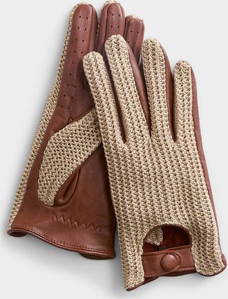 Simons Womens Two-tone leather and knit gloves