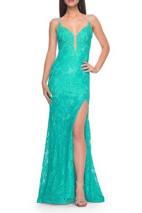 La Femme Lace Dress with Deep V-Neck and Rhinestones in Aqua at Nordstrom, Size 12