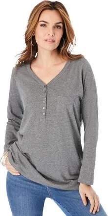 Roaman's Plus Size Long Sleeve Sweetheart Henley Tee in Medium Heather Grey at Nordstrom, Size Large
