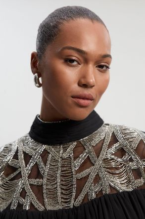 Karen Millen Womens Plus Size Crystal Embellished Cutwork Cape Detail Woven Drama Blouse - Black - Size 18 UK