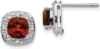 Diamond2Deal Sterling Silver Rhodium Plated Garnet and Diamond Stud Earrings
