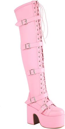Generic Womens PU Leather Thigh High Boots Lace Up Gothic Punk Boots with Buckle Block High Heel Platform Long Boot,Pink,4.5 UK