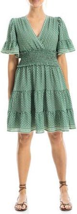 Max Studio Short Sleeve Tiered Crepe Dress in Cream/Green at Nordstrom Rack, Size X-Large