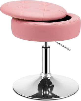 Costway Costway Taburete De Tocador Con Almacenamiento, Otomana Redonda De Cuero Pu Giratorio A 360&deg;, Taburete De Maquillaje Ajustable En Altura Con Tapa Abat