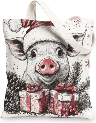 Generic Winter Merry Christmas Pig Canvas Tote Bag for Shopping 13x15, Fun Vintage Xmas Animal Reusable Grocery Print Bag for Women, Happy Holiday Beach Aesth