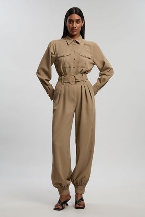 Karen Millen Womens Utility Detail Cuffed Woven Jumpsuit - Beige - Size 16 UK