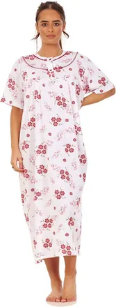JD Williams Women Long Nightdress 100% Cotton Floral Button Short Sleeve Nightwear M to 3XL Maroon