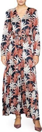 Melloday Botanical Tie Waist Pleated Maxi Dress in Navy Multi Leaf at Nordstrom Rack, Size X-Small