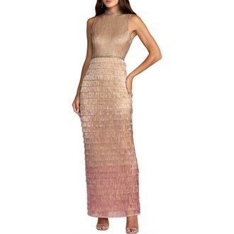 Mac Duggal Sleeveless Beaded Mock Neck Fringe Column Gown in Pink Ombre at Nordstrom, Size 12