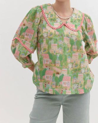 Entro Hilton Puff Sleeve Pullover Top In Green Multi