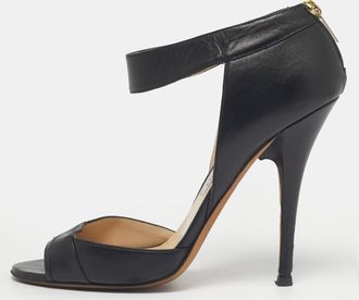 Jimmy Choo London Black Leather Peep Toe Ankle Strap Sandals