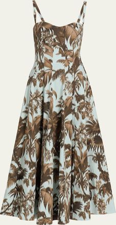 Oscar De La Renta Sleeveless Chine Hibiscus Cotton Poplin Midi Dress
