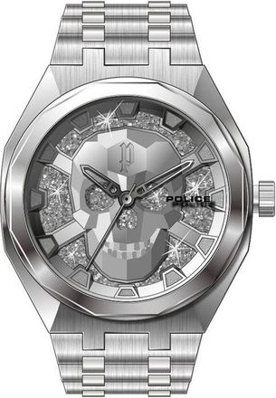 Police Mens Skull Crystal Watch - Light Grey Silver Steel - One Size