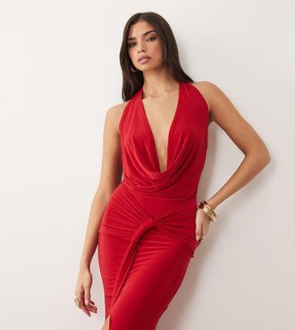 KAIIA Esclusiva Kaiia - Vestito lungo aderente rosso a doppio strato allacciato al collo con scollo ad anello e drappeggio in vita