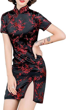 Generic Cheongsam Costume Short Sleeve Print High Slit Side Traditional Chinese New Year Party Bodycon Maxi Dress, 145-2-black, S
